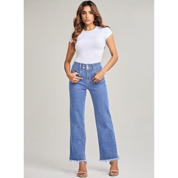 Womens Wide Leg Jeans High Waisted Denim Pants Frayed Hem Trendy Stretchy - Picture 6 of 6